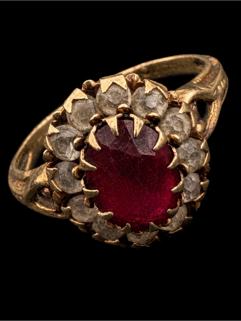 10K yellow gold Antique Victorian cocktail ring ruby red 5 glass stone